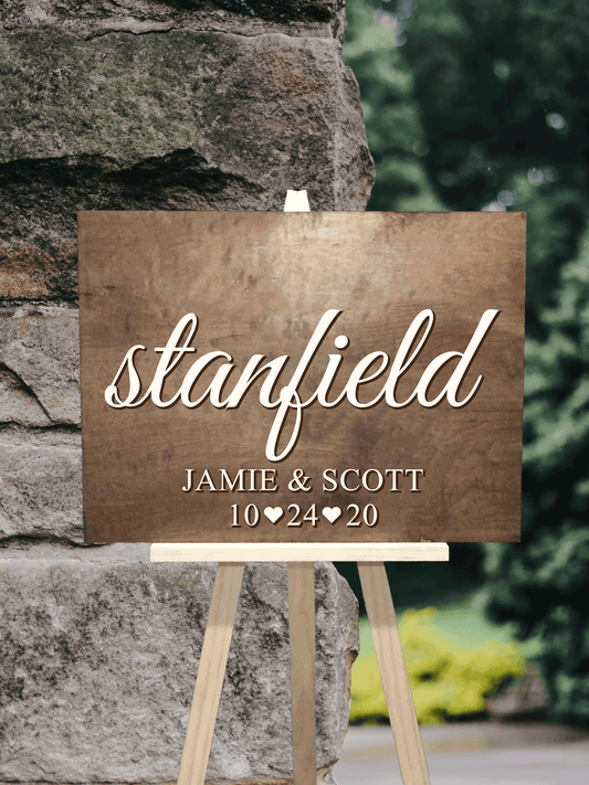 wooden personalized 3d wedding welcome sign with last name, first names and date 