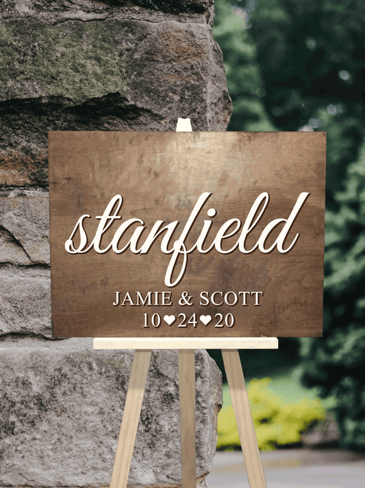wooden personalized 3d wedding welcome sign with last name, first names and date