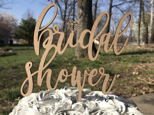 wooden bridal shwoer cake topper with diamond accent