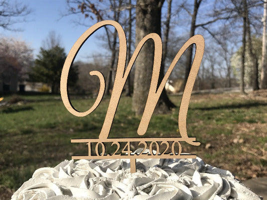 wooden single letter monogram wedding cake topper with custom wedding date