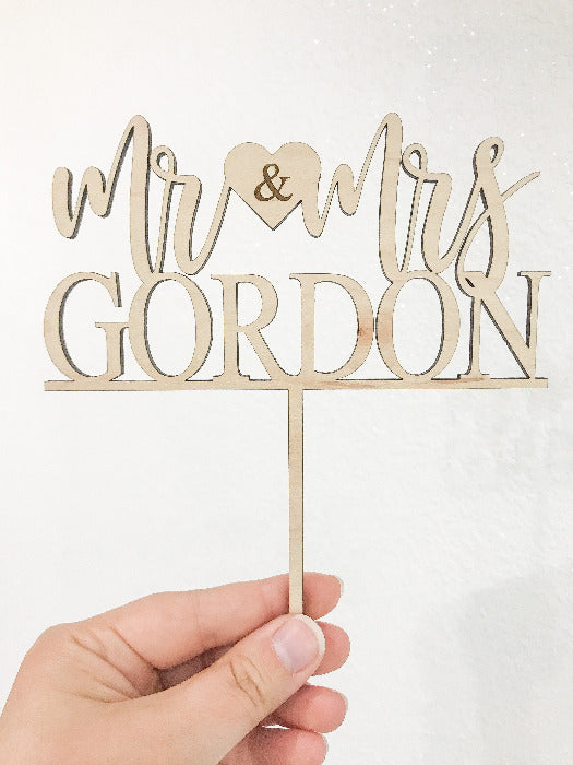 rustic engraved wooden mr & mrs personalized last name wedding cake topper