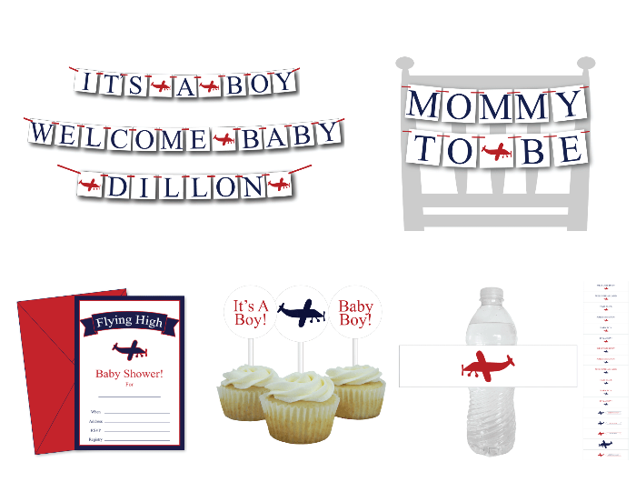 diy aviation baby shower decorations for boy - Celebrating Together - banners, invitations, cupcake toppers and water bottle labels - Celebrating Together