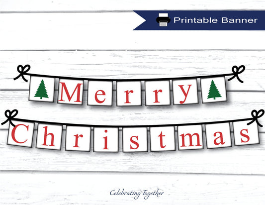 PRINTABLE Merry Christmas Banner, instant download christmas garland for living room mantel, evergreen tree fireplace decor diy holiday sign