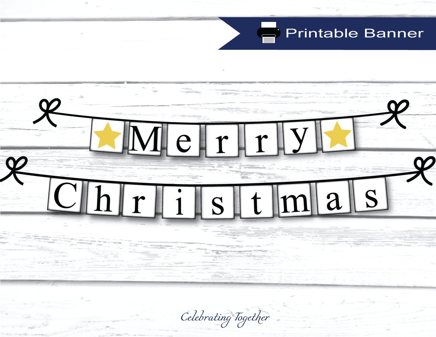 PRINTABLE Merry Christmas Banner with gold stars, instant download christmas garland for living room mantel, fireplace decor, holiday sign