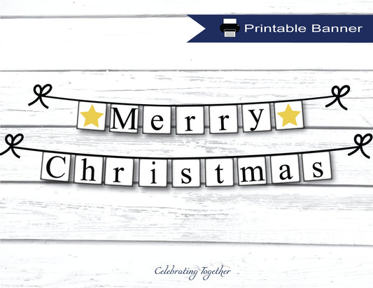 PRINTABLE Merry Christmas Banner with gold stars, instant download christmas garland for living room mantel, fireplace decor, holiday sign