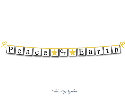 PRINTABLE Peace on Earth Banner with gold stars, instant download christmas garland for living room mantel, holiday fireplace decor
