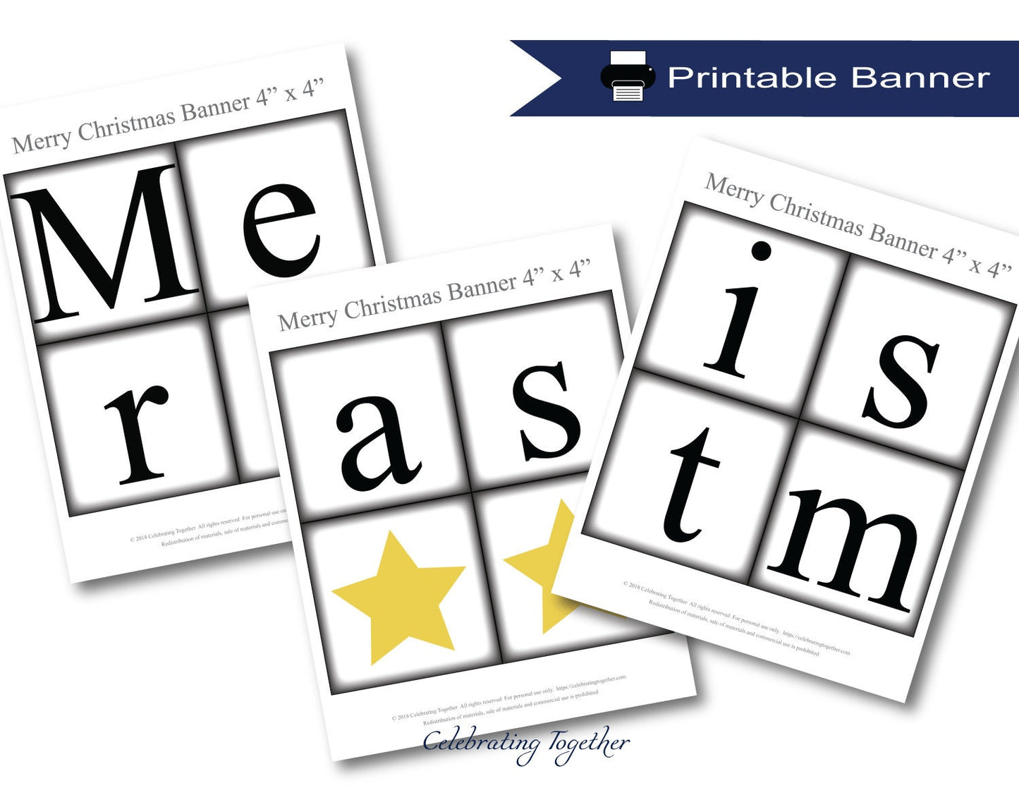 PRINTABLE Merry Christmas Banner with gold stars, instant download christmas garland for living room mantel, fireplace decor, holiday sign