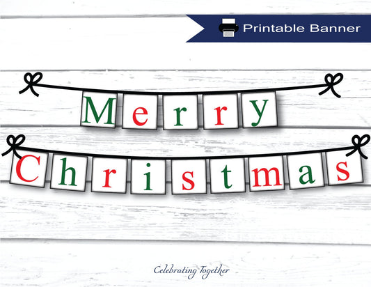 PRINTABLE Merry Christmas Banner, instant download festive red and green christmas garland for living room mantel decor, diy holiday sign