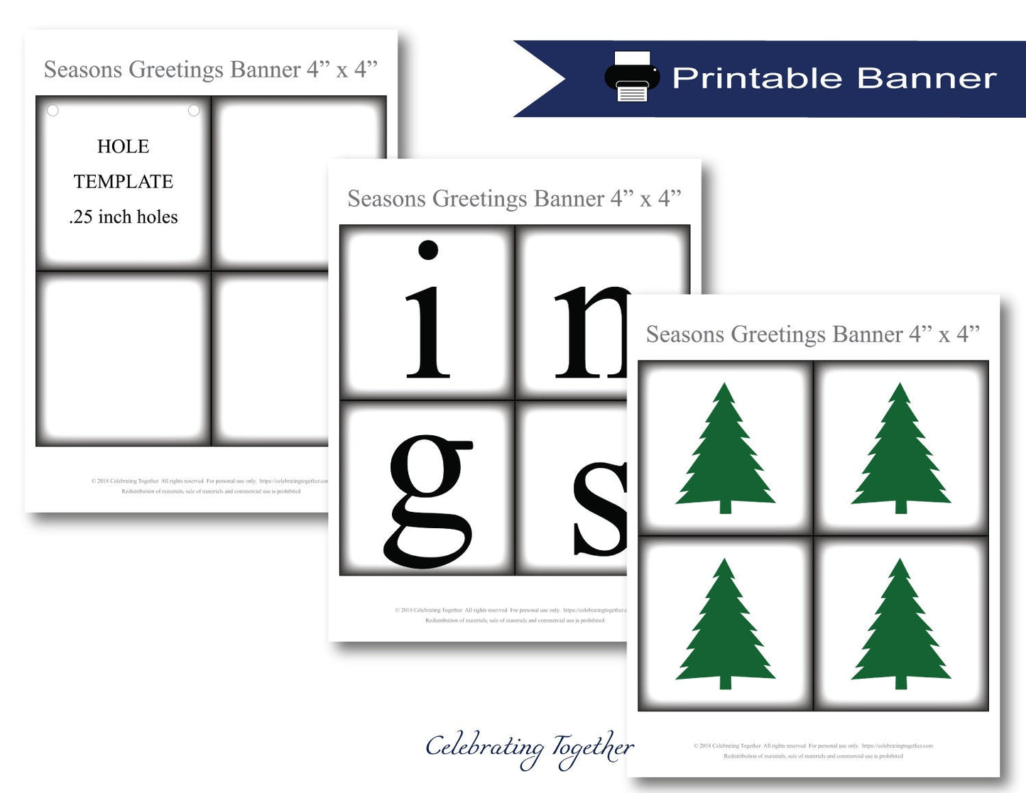PRINTABLE Seasons Greetings Banner with evergreen trees, instant download christmas garland for living room mantel, merry christmas sign