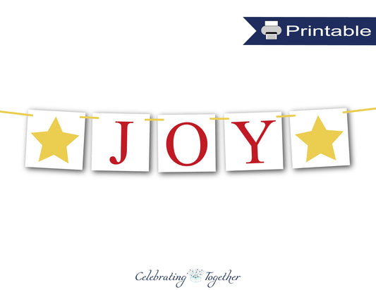 PRINTABLE joy banner with gold stars, instant download christmas garland for living room mantel, joy to the world holiday fireplace decor