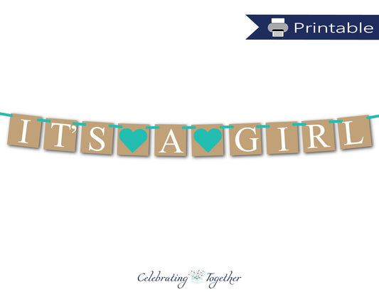 aqua it's a girl banner - gender reveal baby shower decor - Celebrating Together