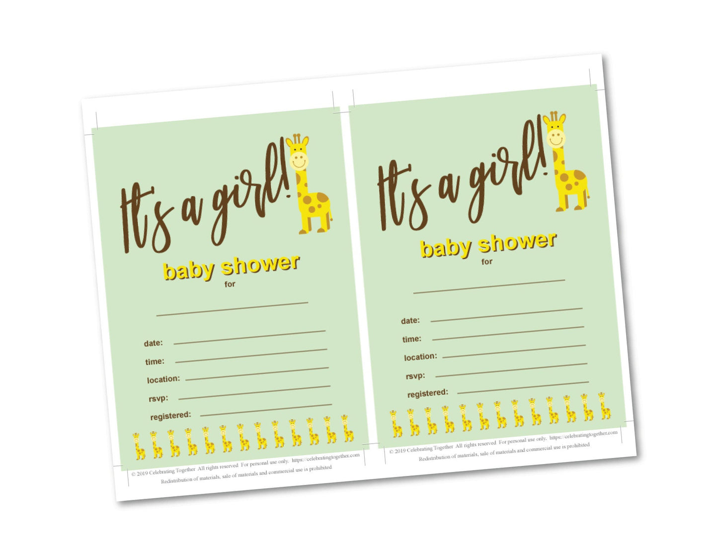 Printable It's A Girl Giraffe Baby Shower Invitation And RSVP Card Bundle