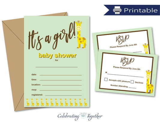 Printable It's A Girl Giraffe Baby Shower Invitation And RSVP Card Bundle