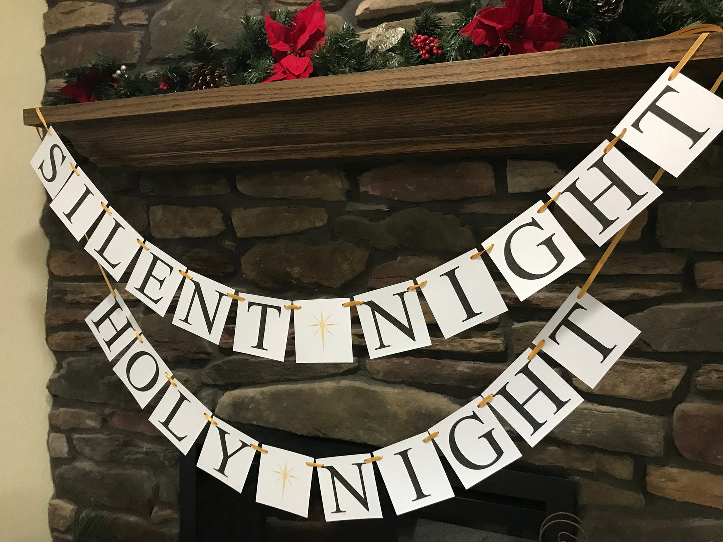 Silent night holy night Banner, North Star Christmas decorations, living room holiday fireplace mantel bunting, Christmas carol garland