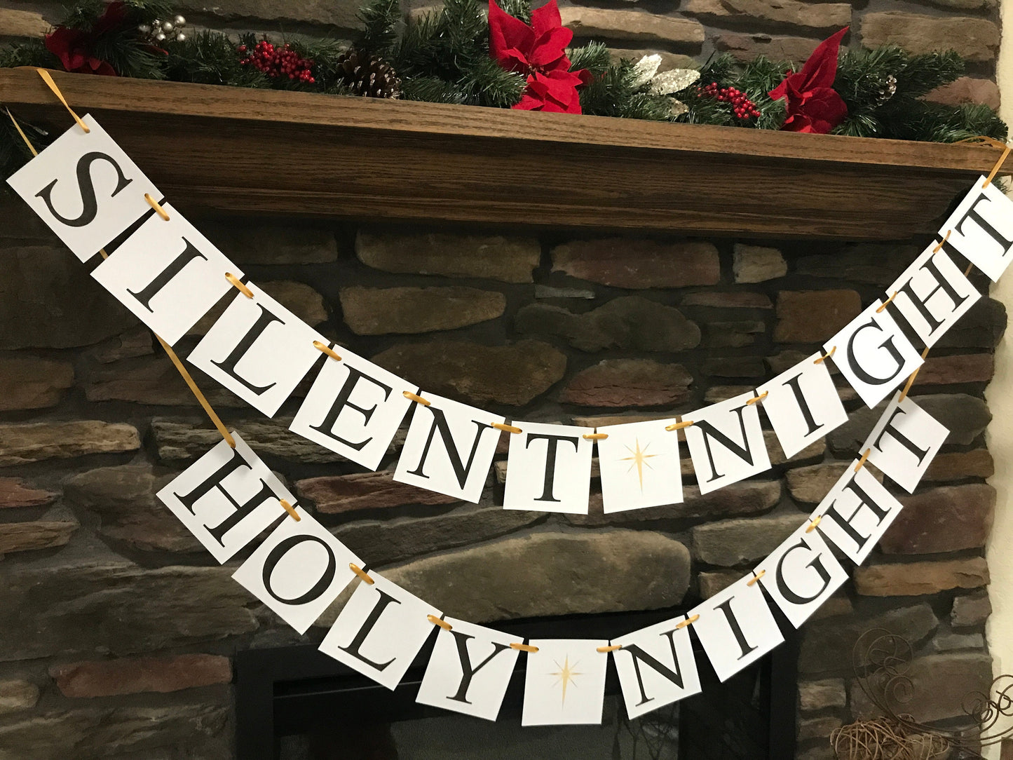 Silent night holy night Banner, North Star Christmas decorations, living room holiday fireplace mantel bunting, Christmas carol garland
