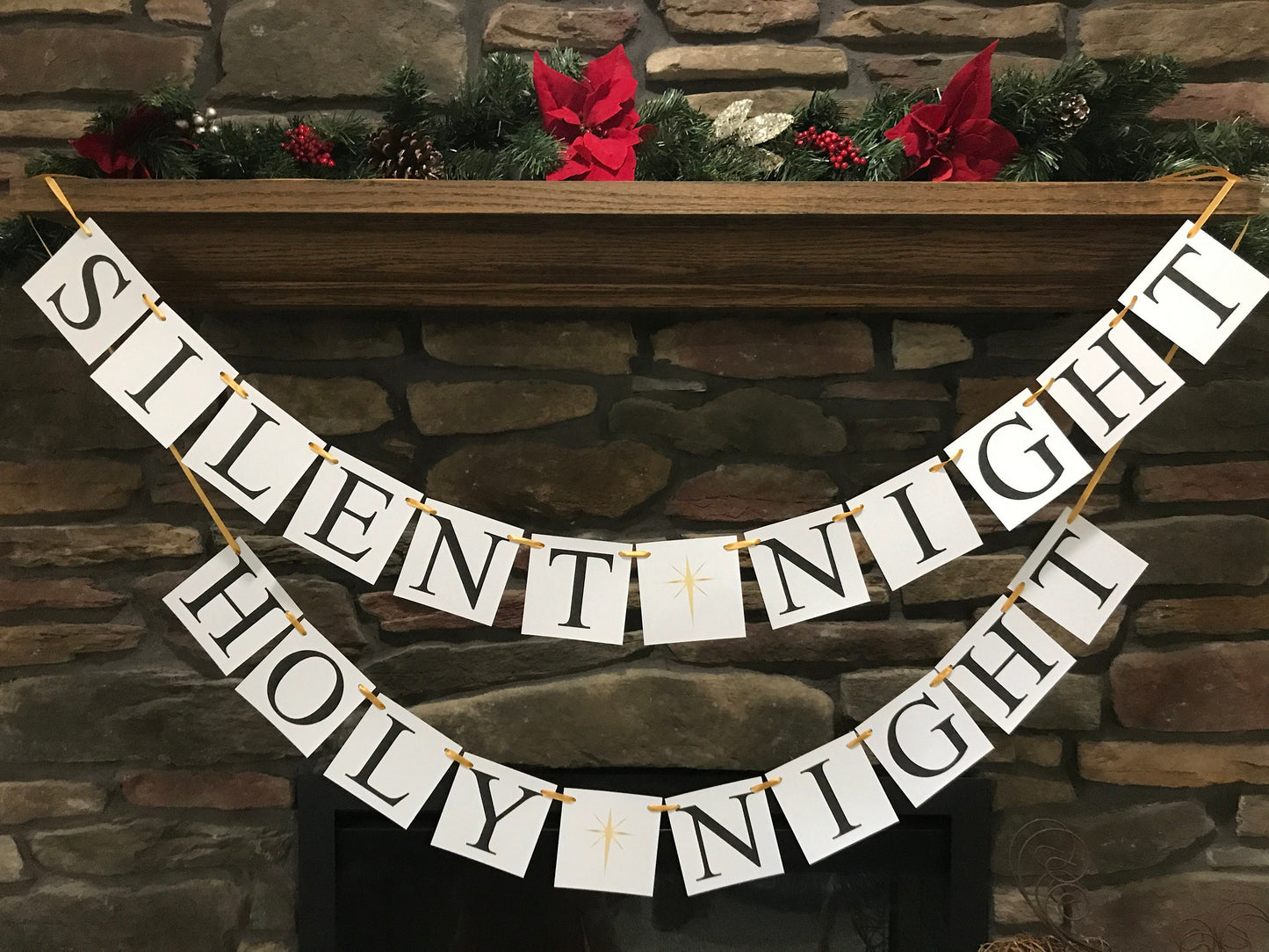 Silent night holy night Banner, North Star Christmas decorations, living room holiday fireplace mantel bunting, Christmas carol garland