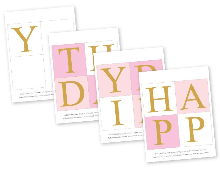 printable pink and gold birthday party decorations - happy birthday banner - Celebrating Together