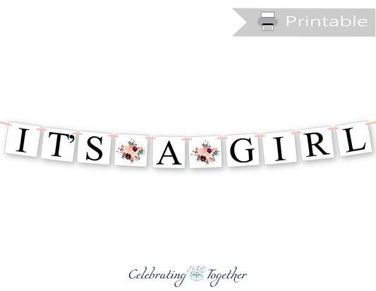 Printable its a girl banner, coral watercolor flower baby shower decorations, digital download baby girl sign, diy floral baby shower banner