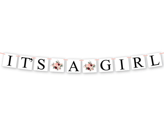 It's A Girl Banner - Coral and Maroon Watercolor Flower
