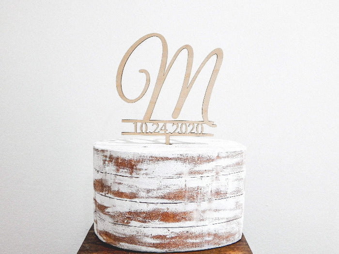 wooden wedding cake topper - monogram with wedding date decor