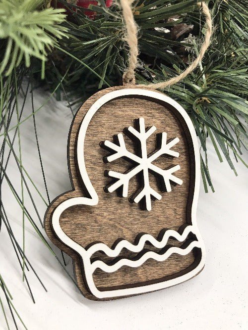 mitten ornament - wooden glove and snowflake Christmas ornament