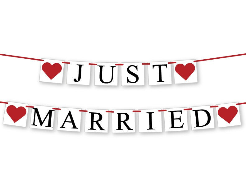 Printable Just Married Banner - Red Hearts