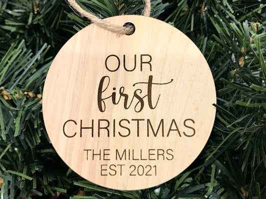 our first christmas ornament with personalized name and established date