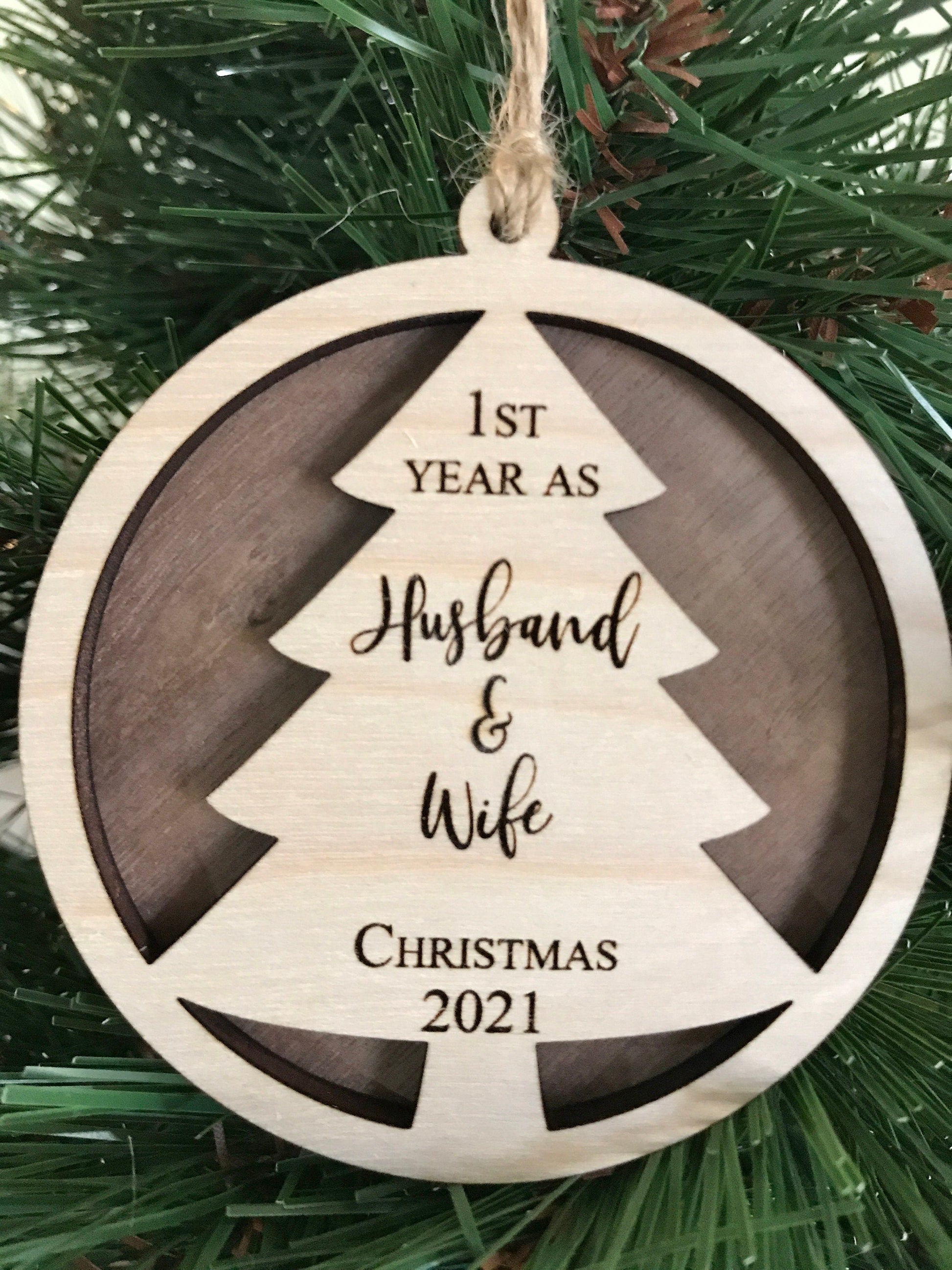 bride and groom gift - wooden christmas ornament