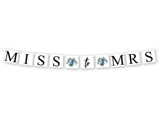miss to mrs banner, blue watercolor flower bridal shower decorations, bride to be decor, bachelorette party garland, boho future mrs sign