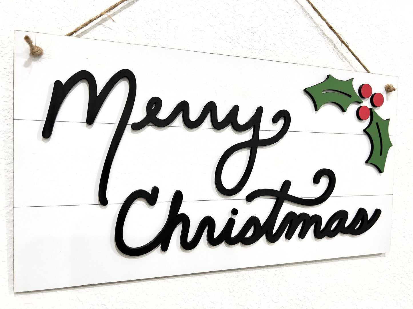 Merry Christmas sign, shiplap farmhouse holiday decor, country winter signs, 3D rustic Christmas sign, Christmas wall hanging holly leaves