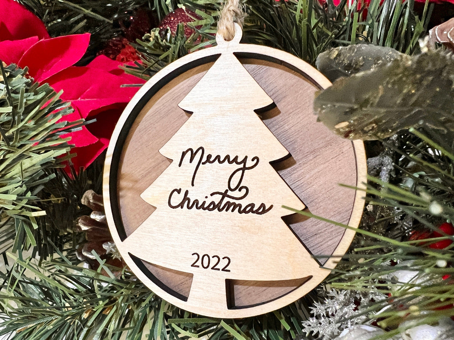 layered wooden merry christmas ornament 2023