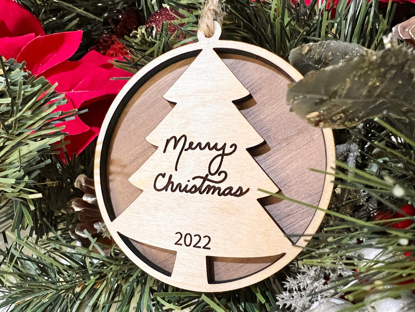 3D Merry Christmas ornament, wooden 2023 christmas ornament, custom wood established date gift, yearly Christmas keepsake, holiday decor