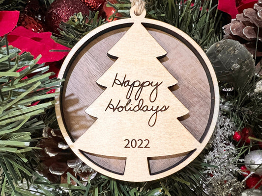 happy holidays wooden ornament