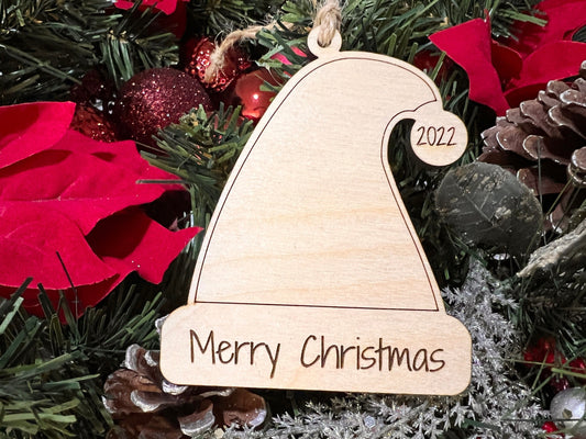 Merry Christmas Santa hat ornament, wooden 2023 christmas ornament, custom wood date office coworker gift, yearly Christmas keepsake