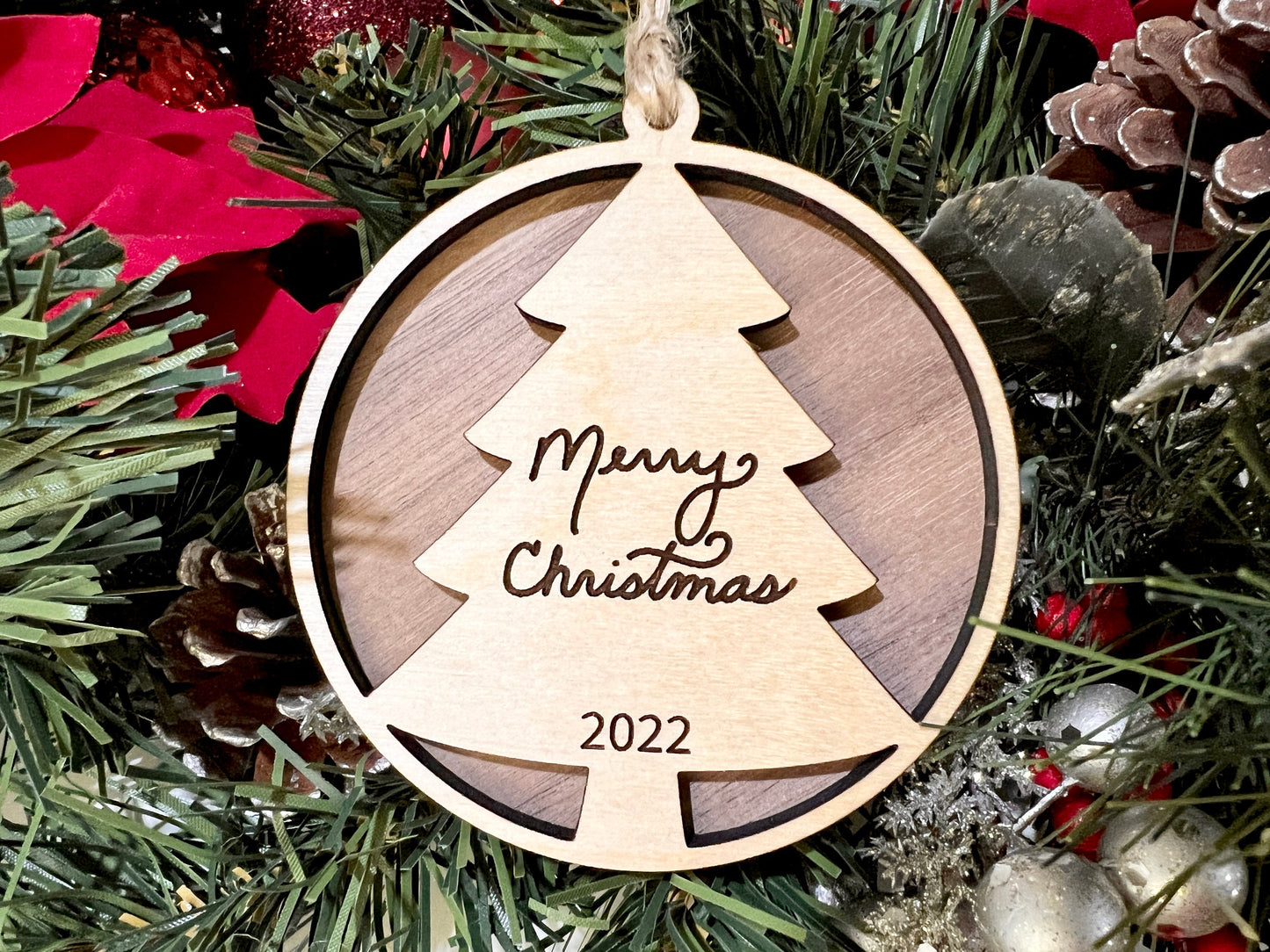 3D Merry Christmas ornament, wooden 2023 christmas ornament, custom wood established date gift, yearly Christmas keepsake, holiday decor