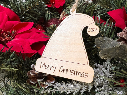 Merry Christmas Santa hat ornament, wooden 2023 christmas ornament, custom wood date office coworker gift, yearly Christmas keepsake