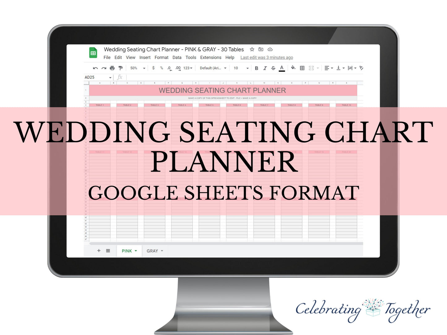 Wedding seating chart planner, Google Sheets template printable, digital download event planning, table arrangements templates