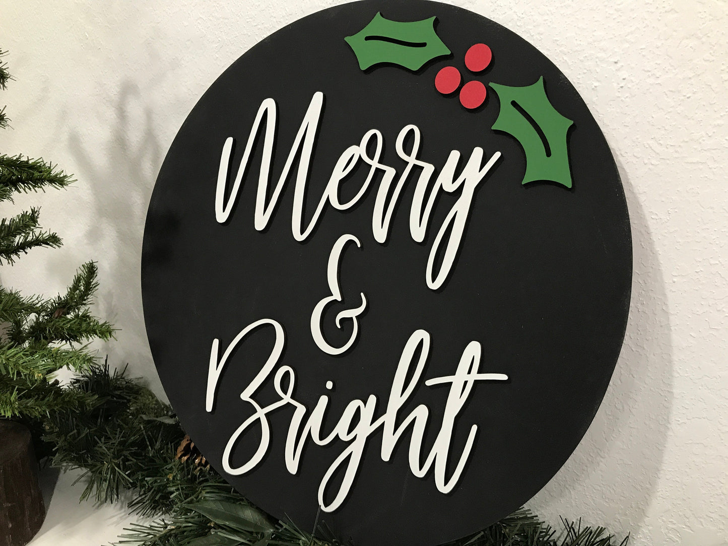 Merry & bright sign, Christmas decorations, 3D holiday decor, wood signs, living room wooden sign wall hanging, holly leaves mantel decor