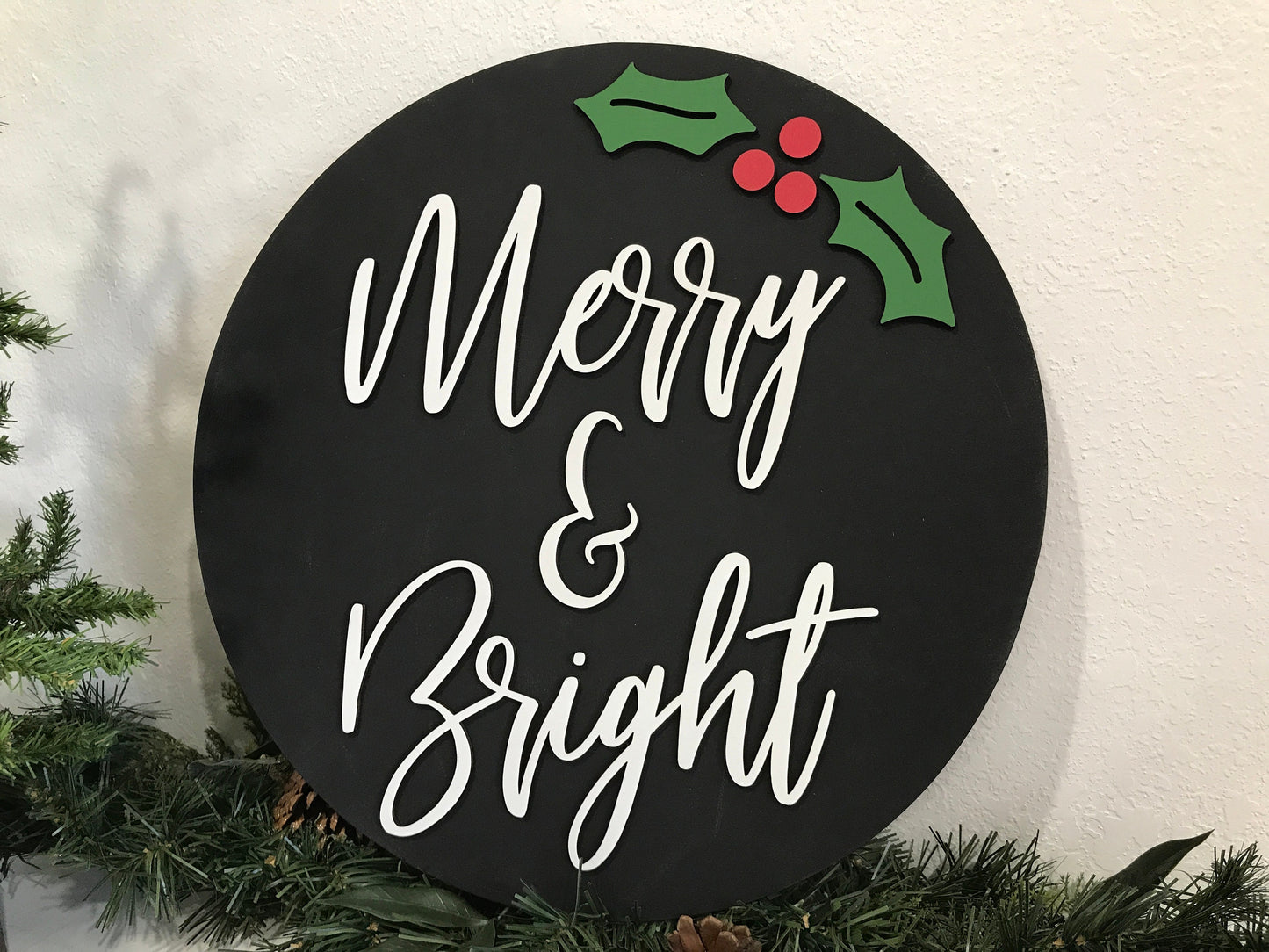 Merry & bright sign, Christmas decorations, 3D holiday decor, wood signs, living room wooden sign wall hanging, holly leaves mantel decor