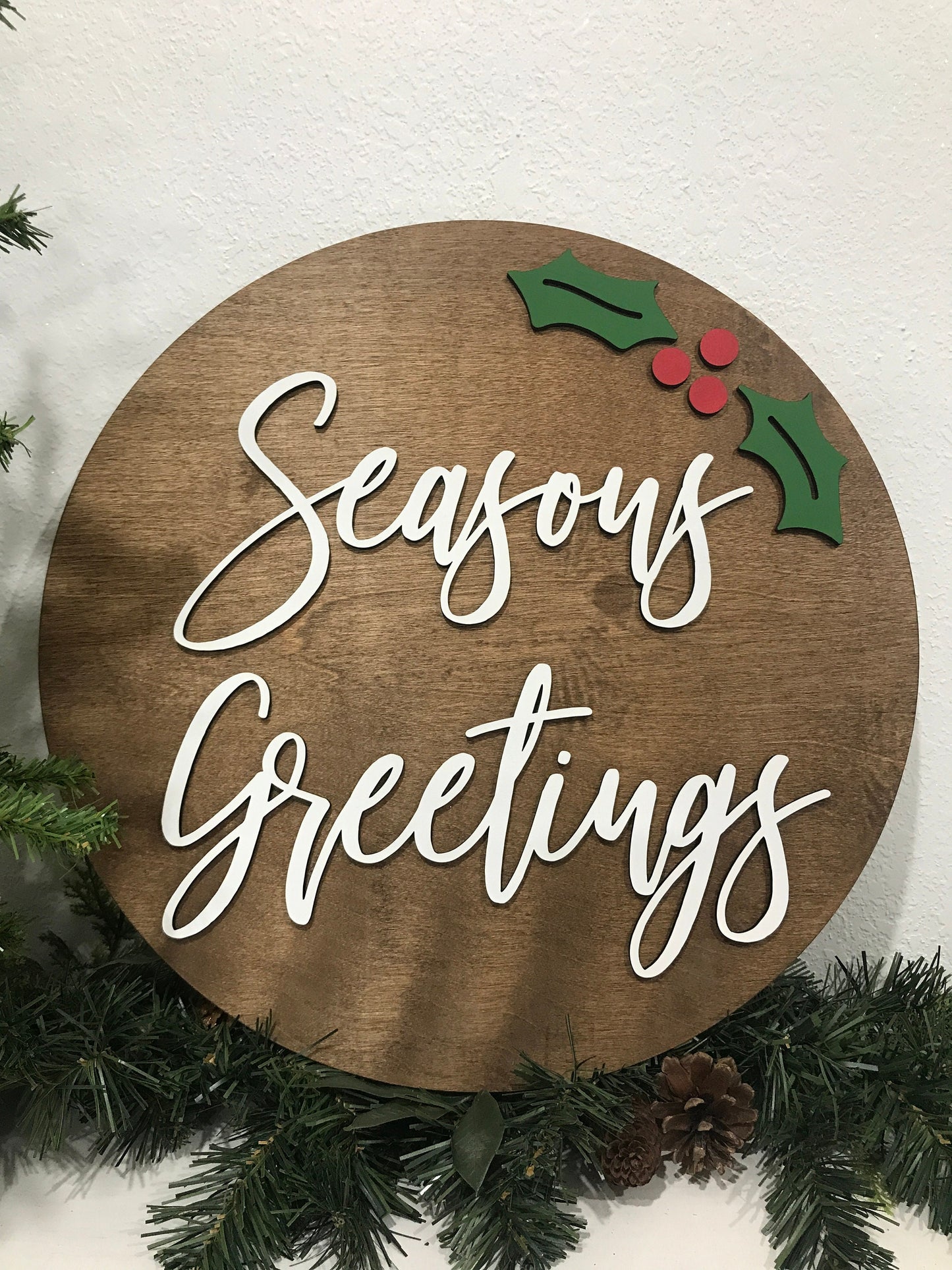 Seasons greetings sign, Christmas decorations, 3D holiday decor, porch wood signs, living room wooden sign wall hanging, holly mantel decor