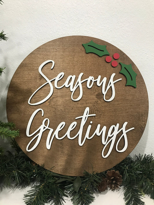 Seasons greetings sign, Christmas decorations, 3D holiday decor, porch wood signs, living room wooden sign wall hanging, holly mantel decor