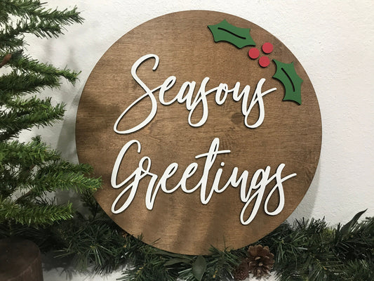 Seasons greetings sign, Christmas decorations, 3D holiday decor, porch wood signs, living room wooden sign wall hanging, holly mantel decor