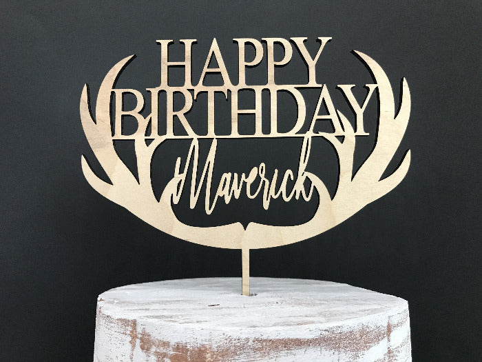 woodland happy birthday cake topper with personalized name and deer antlers