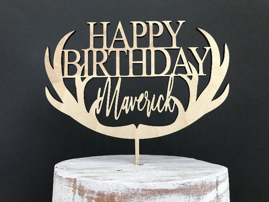 woodland happy birthday cake topper with personalized name and deer antlers
