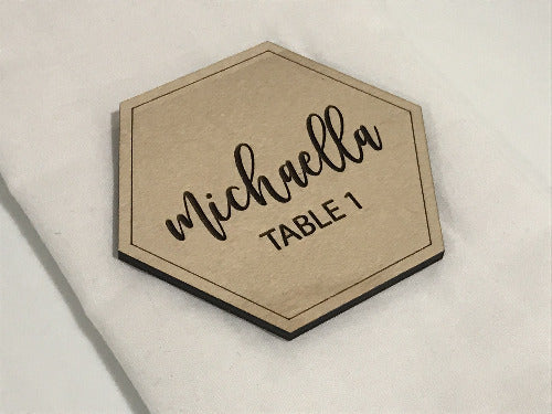 engraved hexagon shaped wedding place cards