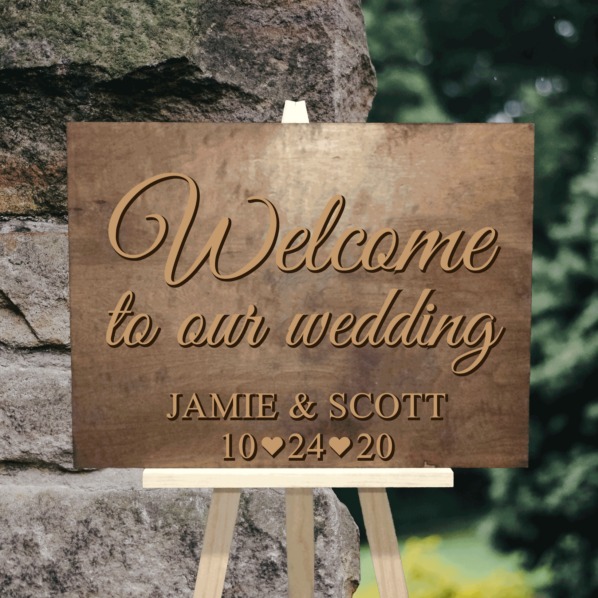 wood and gold wedding welcome sign 