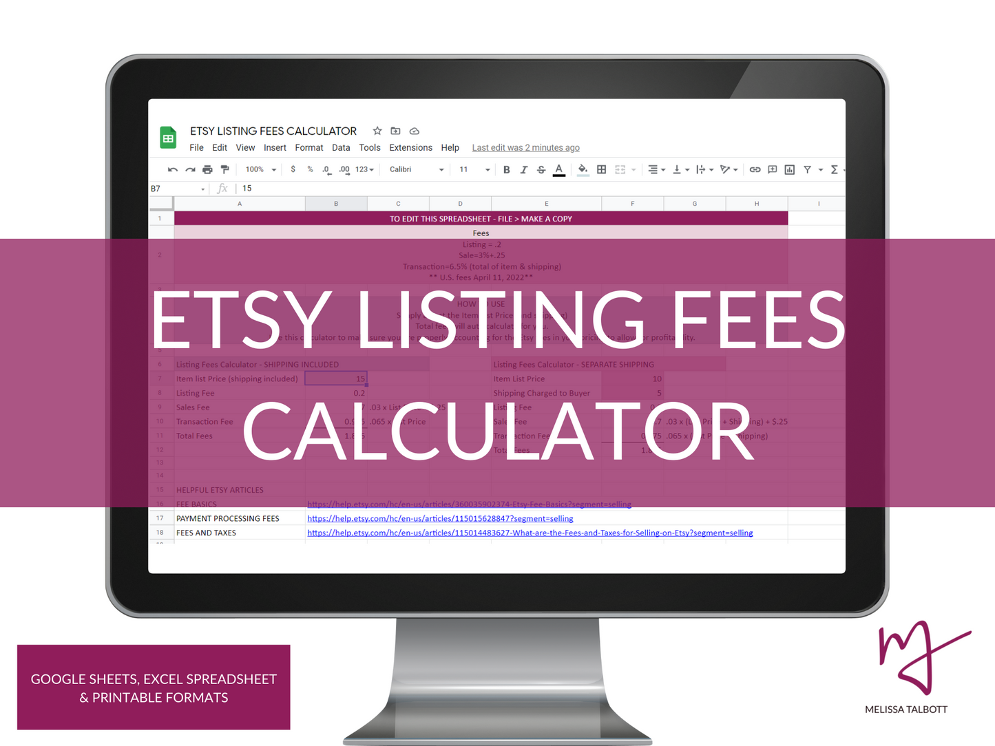 Etsy Listing Fees Calculator Spreadsheet