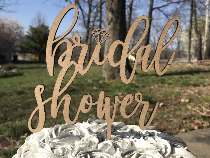 wooden bridal shwoer cake topper with diamond accent 