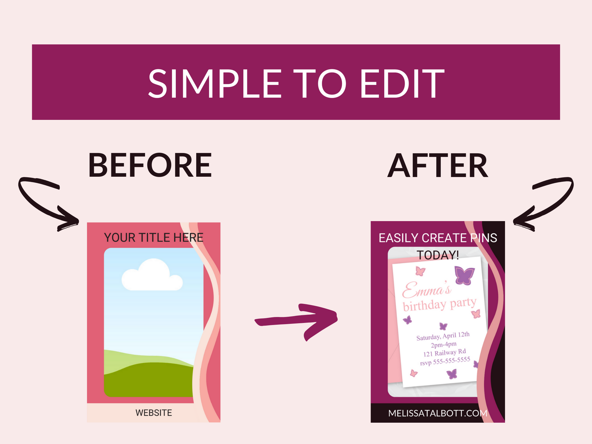 before and after editing a pinterest pin template in canva - Melissa Talbott