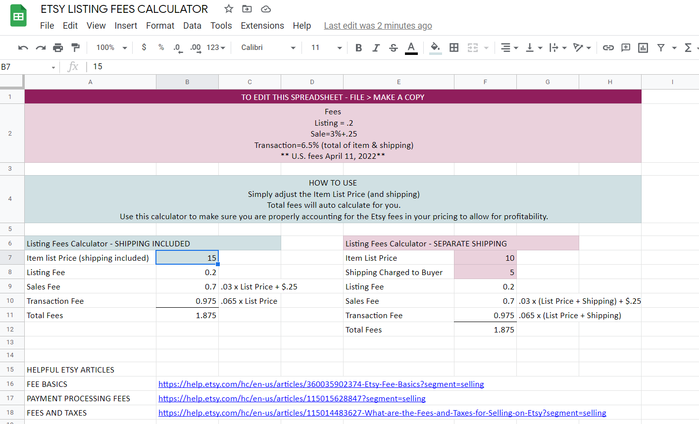 Etsy Listing Fees Calculator Spreadsheet